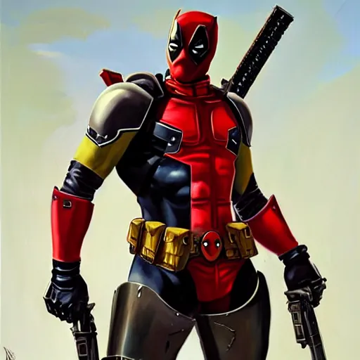 Image similar to greg manchess portrait painting of armored deadpool as overwatch character, medium shot, asymmetrical, profile picture, organic painting, sunny day, matte painting, bold shapes, hard edges, street art, trending on artstation, by huang guangjian and gil elvgren and sachin teng