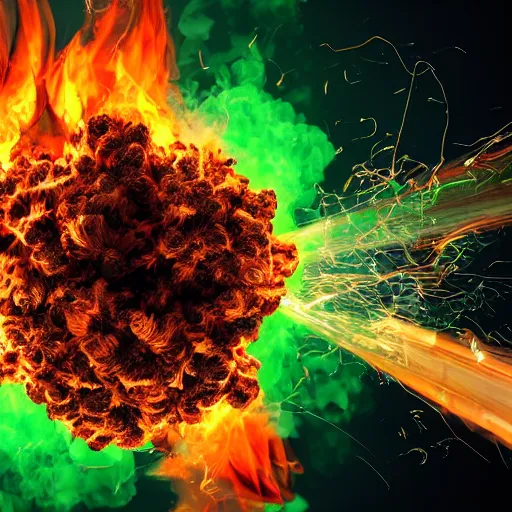 Prompt: exploding weed, fire, explosions, marijuana, fire, explosion render, 8k, trending on art station, 3D