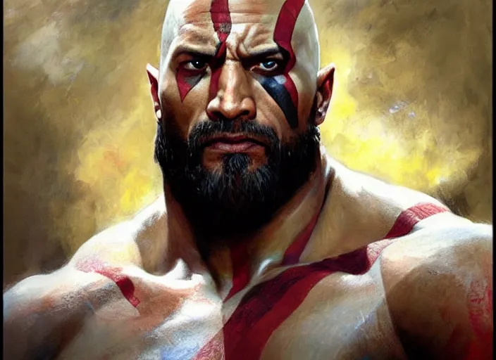 Prompt: a highly detailed beautiful portrait of dwayne johnson kratos hybrid god of war, by gregory manchess, james gurney, james jean, octane, fantasy