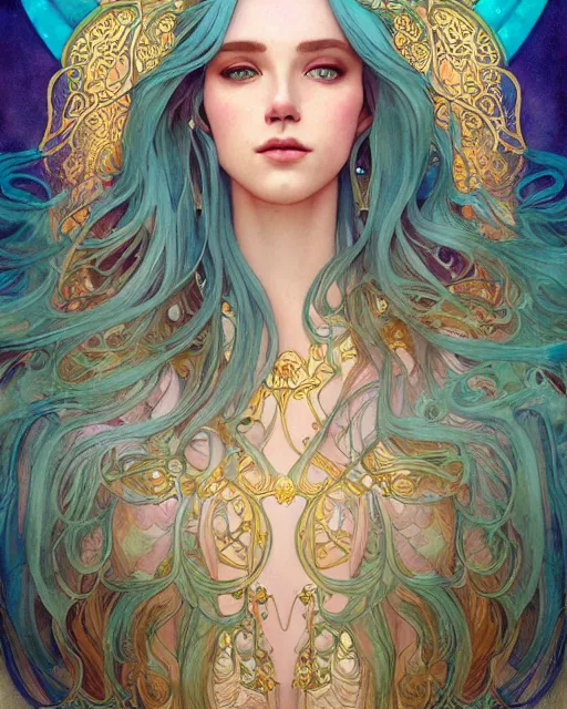 Image similar to an ethereal goddess with turquoise hair | highly detailed | very intricate | art nouveau | gold filigree | romantic storybook fantasy | soft cinematic lighting | award - winning | disney concept art watercolor illustration by mandy jurgens and alphonse mucha and alena aenami | pastel color palette | featured on artstation