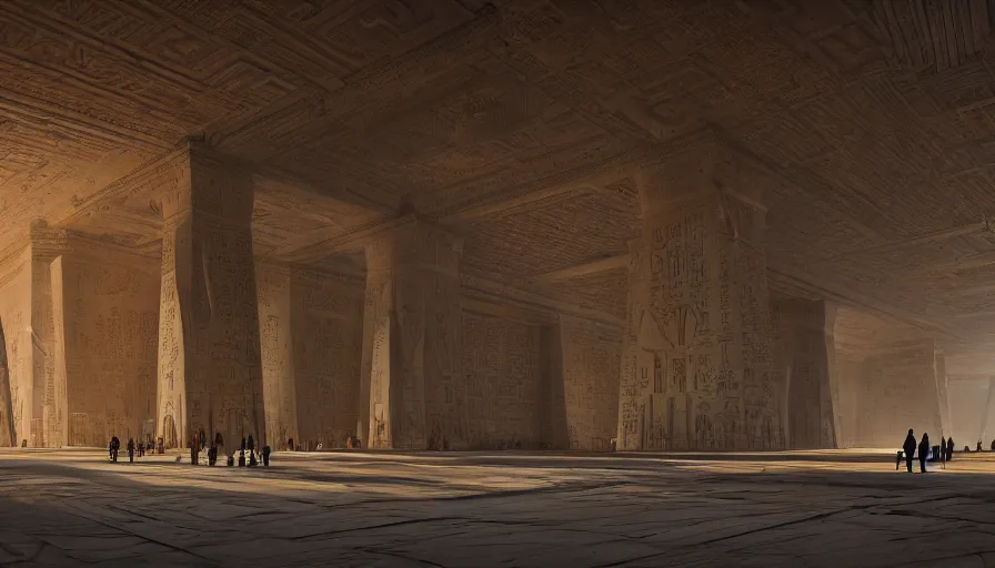 Image similar to the inside of a monument with egyptian motifs, by tim blandin and arthur haas and bruce pennington and john schoenherr, big windows architecture by zaha hadid, octane render, cinematic, scenery, cgsociety, modernism, futuristic, trending on artstation, sci - fi, high detail, high quality, sharp focus, close up angle, people walking