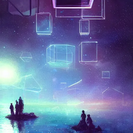 Image similar to beautiful glowing cubes all interconnected to each other with tubes, atmospheric lighting, intricate, volumetric lighting, beautiful, sharp focus, ultra detailed, in the art style of bowater, charlie, brom, gerald, lake baikal in the background, astrophotography