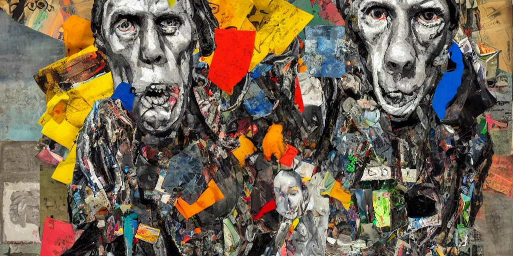Prompt: mad dog on a chain, trash bags, collage, acrylic on canvas, expressionism movement, breathtaking detailed, by blake neubert