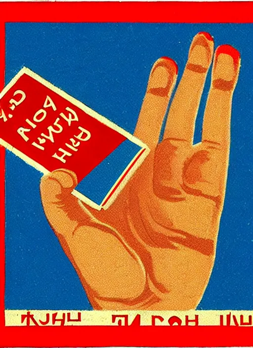 Prompt: a hand holding a red card, russian matchbox label style, propaganda,