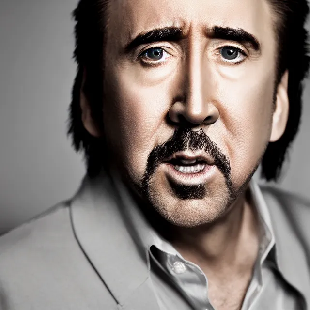 Image similar to nicolas cage headshot photo portrait headshot even lighting