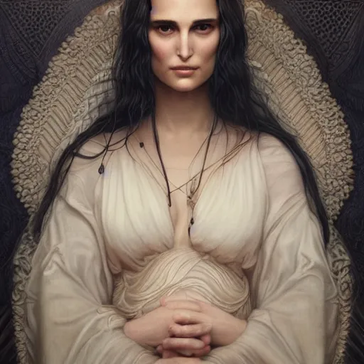 Image similar to tom bagshaw portrait, beautiful mix of natalie portman in desert robes, black hair, professionally retouched, focus eyes, ultra realistic soft painting, insanely detailed linework, symmetrical accurate intricate features, behance, 8 k