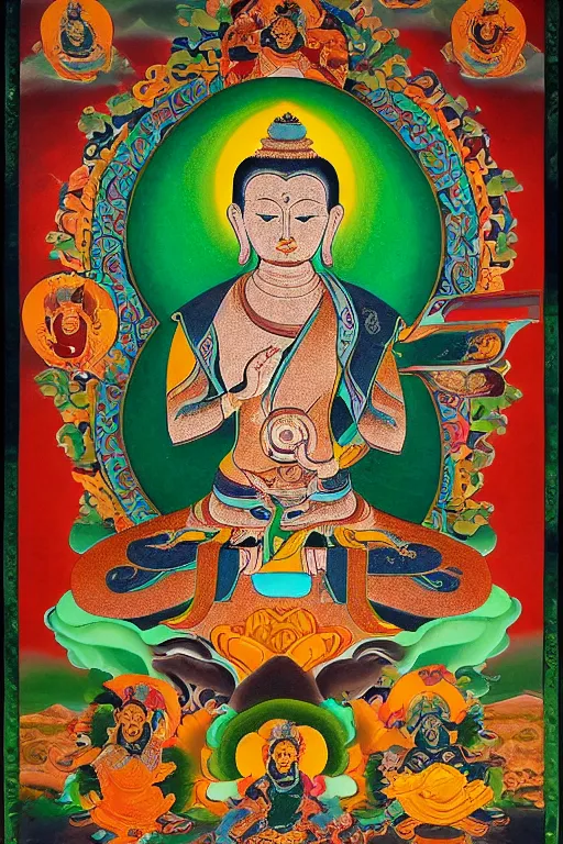 Image similar to A very Beautiful Green Tara Thangka, a geometric figure representing the universe in tibet and Buddhist symbolism, Shine in of the Mandala background by H. R. Giger,portrait,ཐང་ཀ་,ཛཾ་བྷ་ལ།,symmetrical, 8k resolution, photorealistic, high detail ,Unreal Engine, Trending on artbreeder. Green color scheme