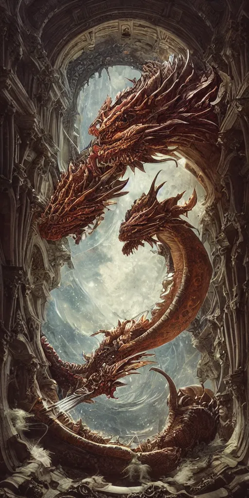 Image similar to epic fight of colorful Ouroboros and water dragon floating around inside an ancient mage castle hall colossal scale, gothic and baroque, brutalist architecture, ultradetailed, intricate details by Ellen Jewett and Ayami Kojima