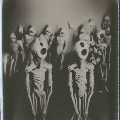 Image similar to polaroid photograph of horrorific alien beings visiting earth, 1 9 5 0