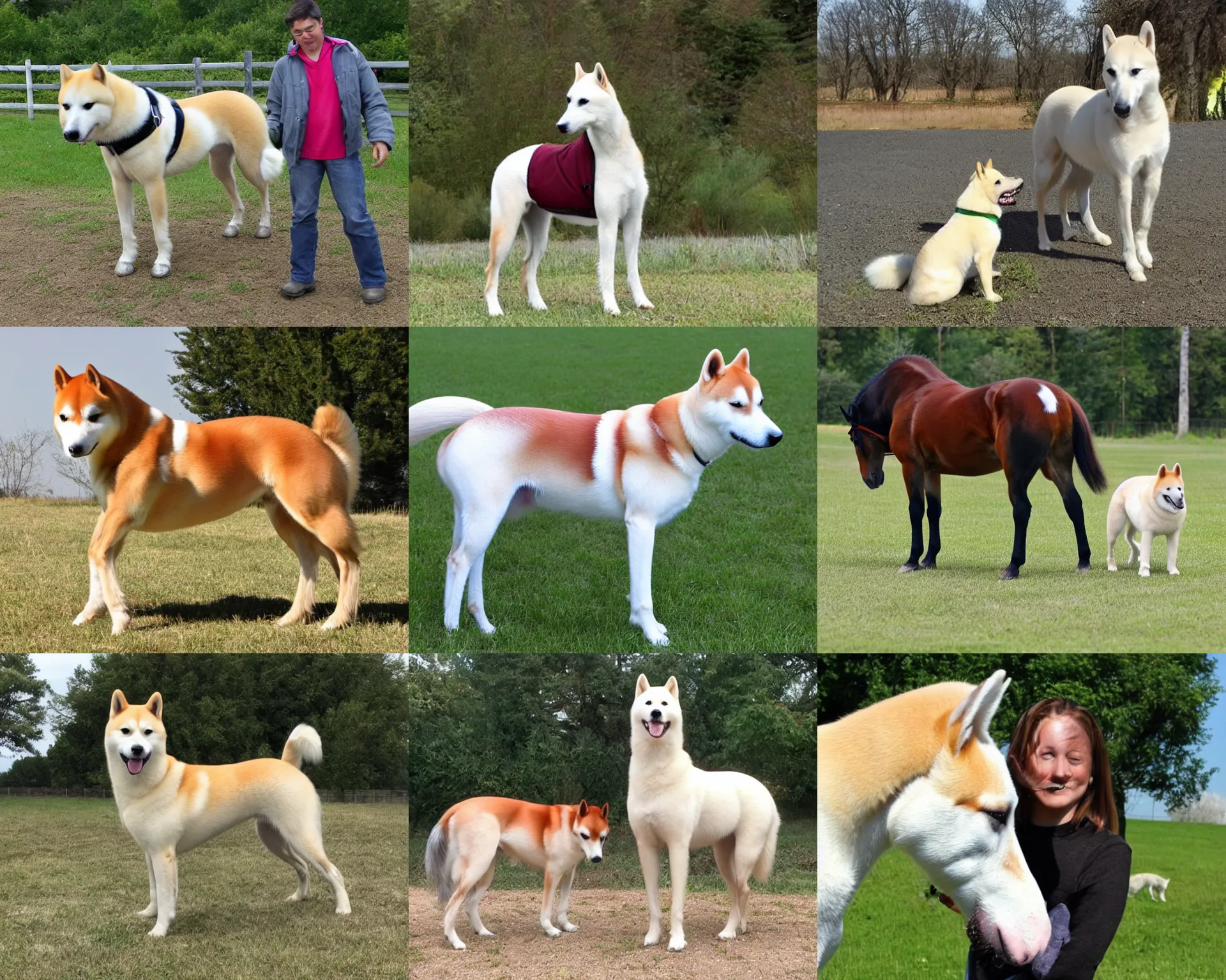 Prompt: photo, horse and white shiba dog mix.