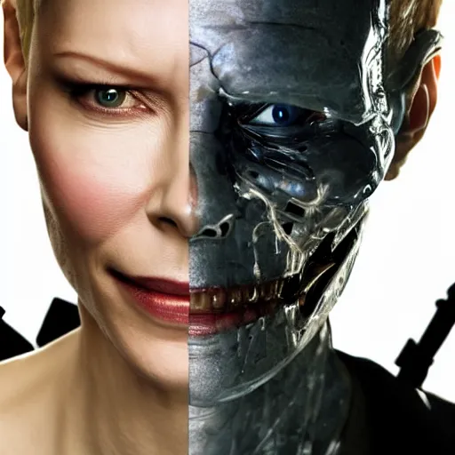 Prompt: cate blanchet as the terminator, half torn face