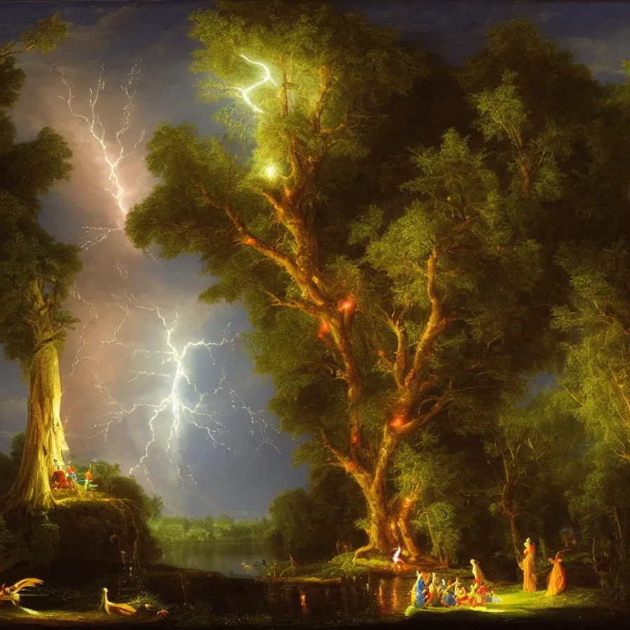 Image similar to a night carnival around a magical tree cavity with a rounded scenario with many fireworks and christmas lights, in a summer storm, next to a lake with iridiscent water, volumetric lightning, folklore people disguised as fantastic creatures in a magical forest by summer night, masterpiece painted by thomas cole, scene by night, dark night environment, refraction lights, glares