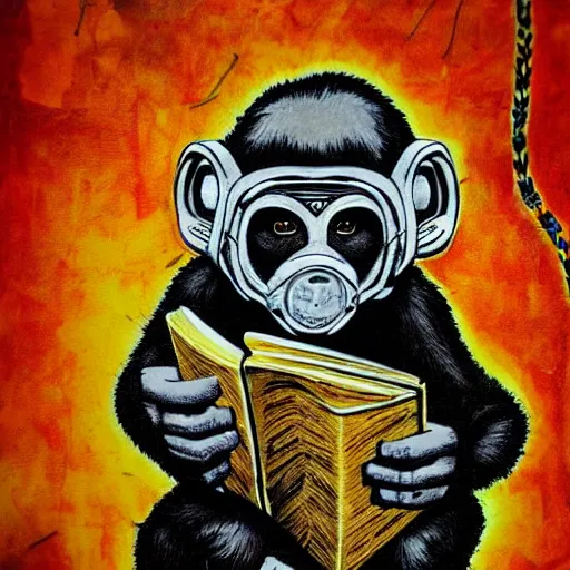 Image similar to a single Monkey reading a book, wearing a gas mask, graffiti, edge to edge, solid color background intricate, highly detailed, smooth, sharp focus, detailed face and body, high contrast, art by wrdsmth