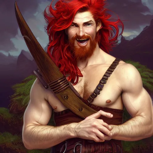 Image similar to portrait of a young ruggedly handsome but joyful pirate with red hair, male, masculine, upper body, red hair, long hair, d & d, fantasy, joyful smirk, intricate, elegant, highly detailed, digital painting, artstation, concept art, matte, sharp focus, illustration, art by artgerm and greg rutkowski and alphonse mucha