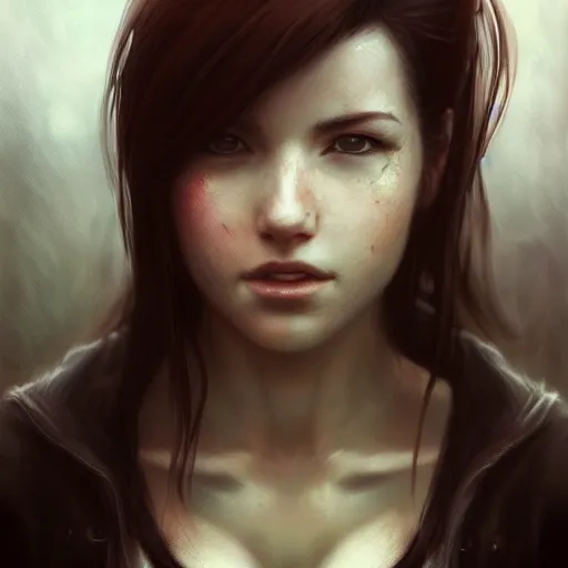 Image similar to Beautiful riveting Tifa Lockhart portrait, face centered portrait, Confident, fog, rain, volumetric lighting, beautiful, golden hour, sharp focus, ultra detailed, conceptartworld by Leesha Hannigan, Ross Tran, Thierry Doizon, Kai Carpenter,Ignacio Fernández Ríos