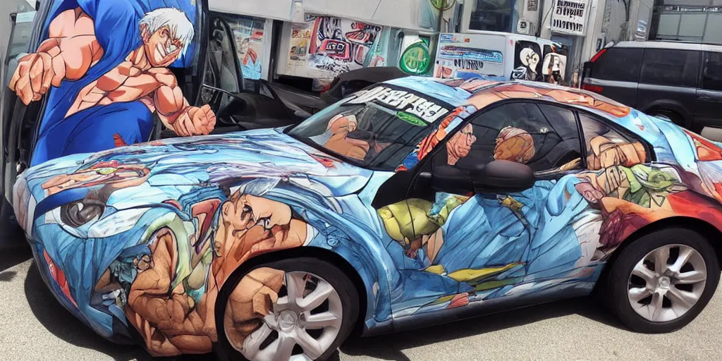 Prompt: muscular, bernie sanders, anime car wrap