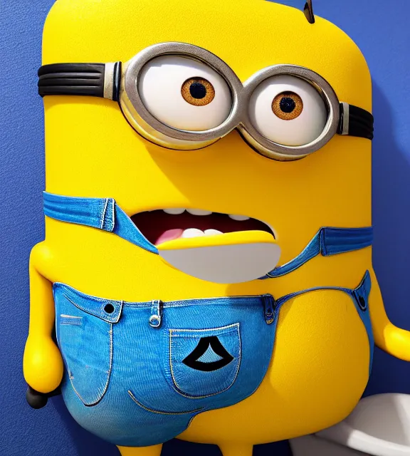 Image similar to a 4 k photorealistic photo of a minion, yellow and blue themed toilet.