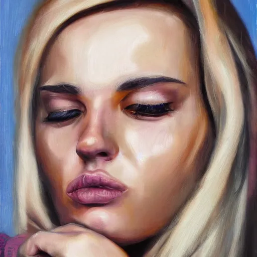 Image similar to portrait of crying blonde fashion model, hyperrealism oil painting