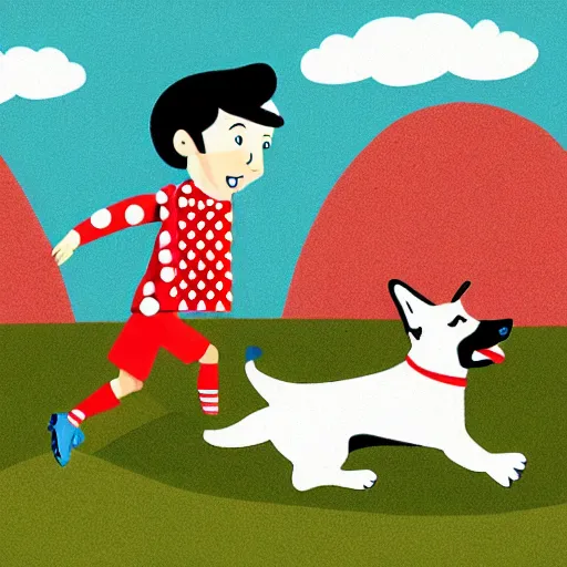 Image similar to illustration of french boy in paris playing football against a corgi, the corgi is wearing a polka dot scarf