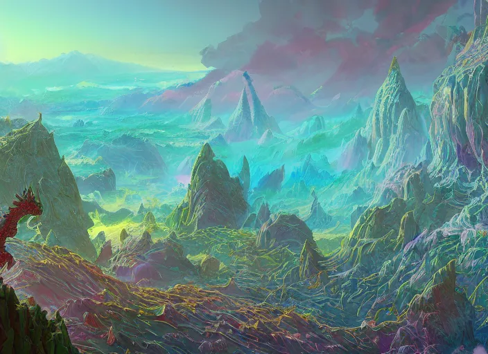 Image similar to psychedelic concept art painting of a dragon landscape made of thousands of dragons, detailed, cel shaded, in the style of makoto shinkai and moebius and peter mohrbacher and anton fadeev