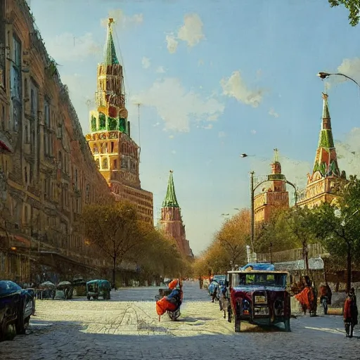 Prompt: Moscow street city taken by nature, abadoned buildings with trees, hyperrealism, no blur, 4k resolution, ultra detailed, bears, style of John Berkey, Norman Rockwell, Hans Thoma, Ivan Shishkin, Tyler Edlin, Thomas Kinkad