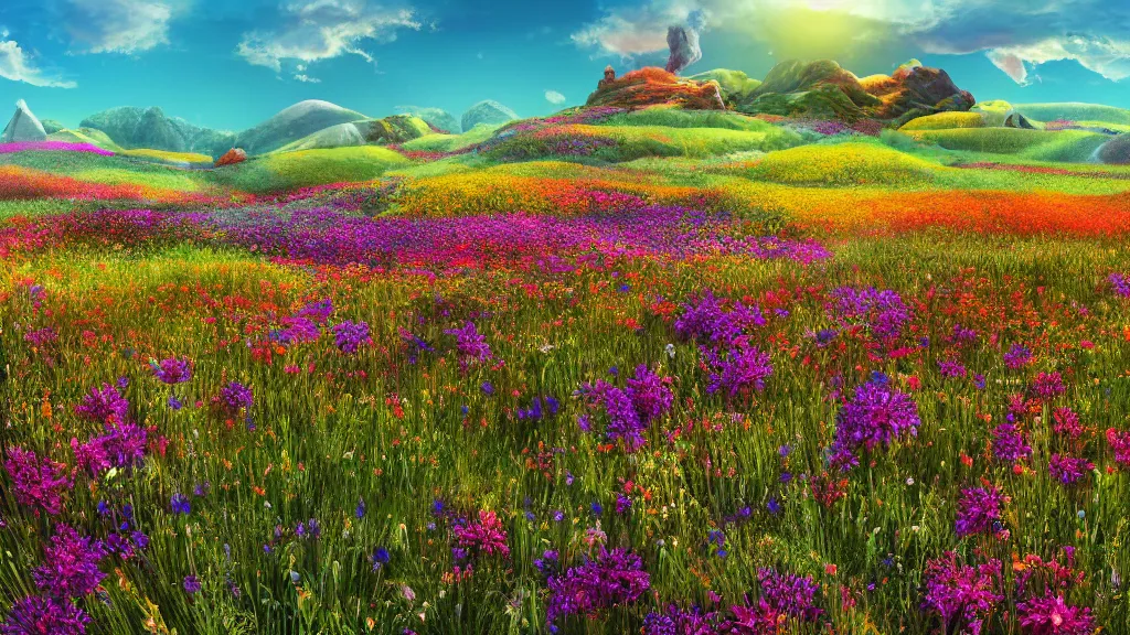 Prompt: first person perspective digital illustration of a field of vibrant wildflowers by industrial light and magic:1|colorful rolling hills of beautiful flowers, wide angle panoramic by beeple and Roger Dean, viewed from eye level:0.9|fantasy, cinematic:0.9|Unreal Engine, Octane, finalRender, devfiantArt, artstation, artstation HQ, behance, HD, 16k resolution:0.8