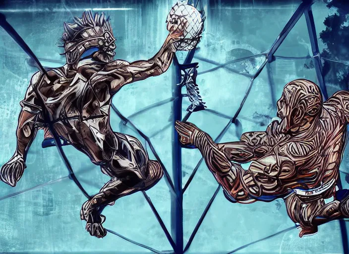 Prompt: a beautiful illustration of my friend joe rogan vs voldo in a steel cage match, digital art,