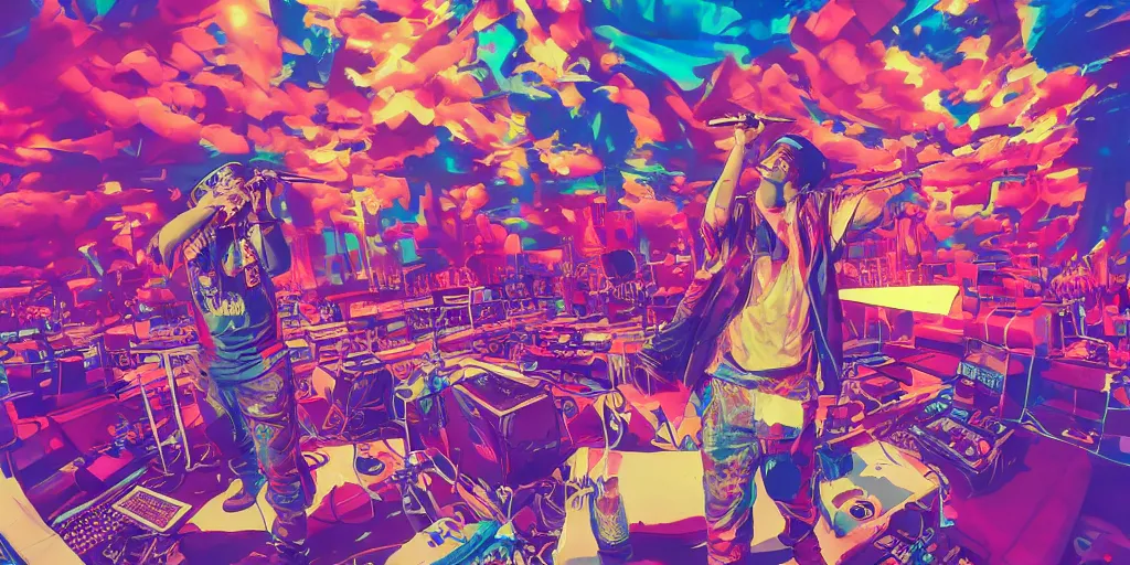 Image similar to rapper performing at huge festival holding microphone, epic angle, digital art, vaporwave, psychedelic, surreal, hip hop, trending on Artstation, professional artist, detailed, 4k