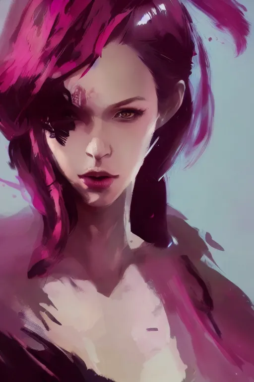 Image similar to A beautiful woman with professional makeup, with shoulder length mid-length magenta hair, dramatic lighting, dramatic atmosphere, subtle and detailed, by Dustin Nguyen, Akihiko Yoshida, Greg Tocchini, Greg Rutkowski, Cliff Chiang, 4k resolution, heavy contrast, trending on artstation