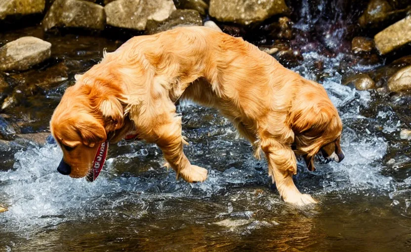 Image similar to photo of a golden retriever panning for gold in a river using a pan and finding gold nuggets