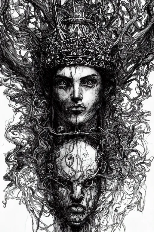 Image similar to portrait The King of Fools, With a Jesters crown, Wings lift him up, Roots hold him down, pen and ink, intricate line drawings, by Yoshitaka Amano, Ruan Jia, Kentaro Miura, Artgerm, watercolor