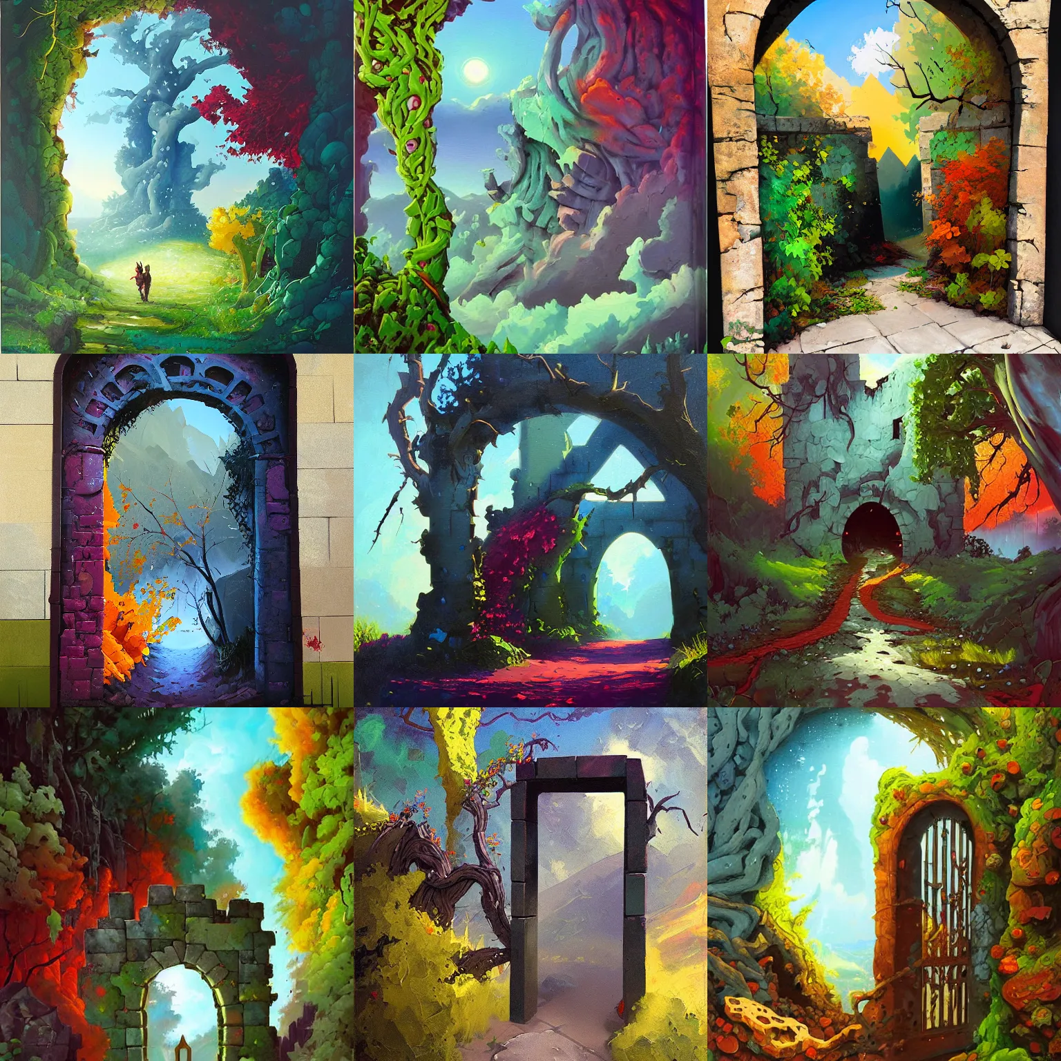 Prompt: colorful peter mohrbacher impasto!! acrylic painting of the slate stone gateway of a forgotten civilization. vines and creepers, stone etchings