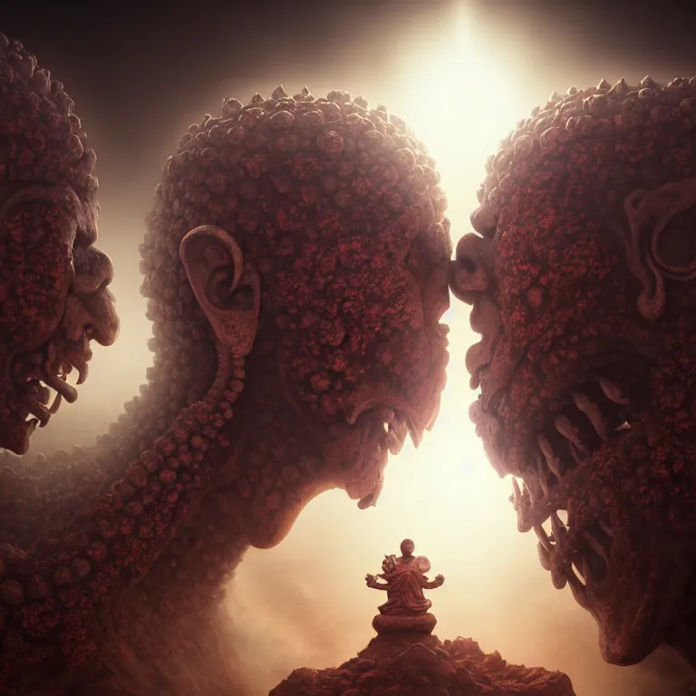 Prompt: portrait of two buddhist demons kissing each other in wastelands on white exoplanet at night, baroque portrait painting, beautiful intricate insanely detailed octane render, artstation, 8 k artistic harsh flash photography, photorealistic, volumetric perfect light, chiaroscuro, raphael, caravaggio, beksinski, rutkowski, giger