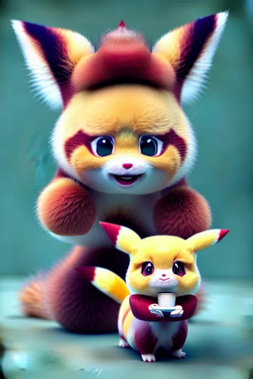 Prompt: high quality 3 d render hyperrealist fluffy very cute pastel grumpy dragon & red panda hybrid eating cheese, vray smooth, in the style of detective pikachu, very dramatic light, low angle, uhd 8 k, shallow depth or field