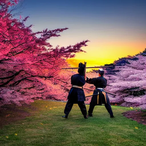 Image similar to samurai duel, both samurai have katana drawn, in a fighting pose, sunset in the background, cherry trees blossoming and Japanese maple trees, autumn, professional photograph