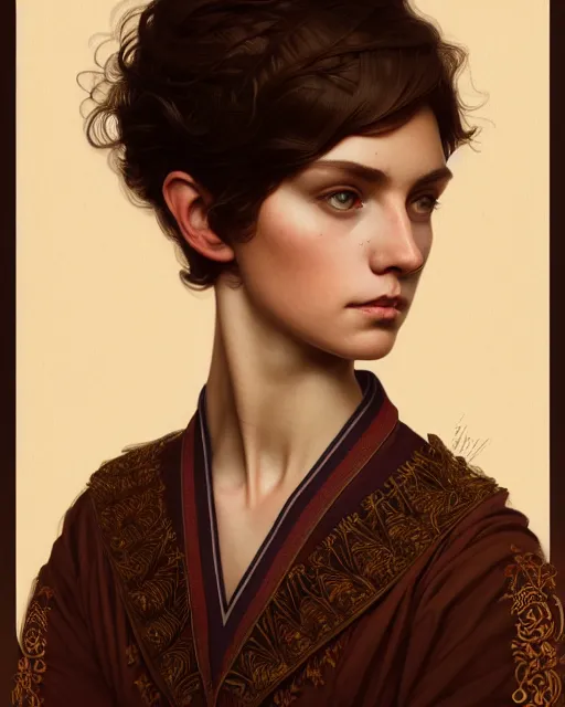 Prompt: symmetry portrait of welsh brunette student in mans tunic, tomboy, short hair, forest, intricate, elegant, highly detailed, digital painting, artstation, concept art, smooth, sharp focus, illustration, art by artgerm and greg rutkowski and fra angelico and alphons mucha