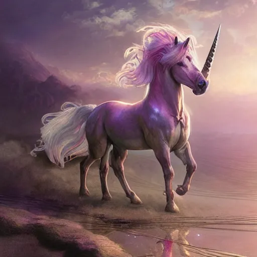 Image similar to a iridescent unicorn is injured, footsteps of blood leading up to it, toxic glowing smog in the sky, ultra realistic, concept art, intricate details, highly detailed, photorealistic, octane render, 8 k, art by art by artgerm and greg rutkowski and alphonse mucha