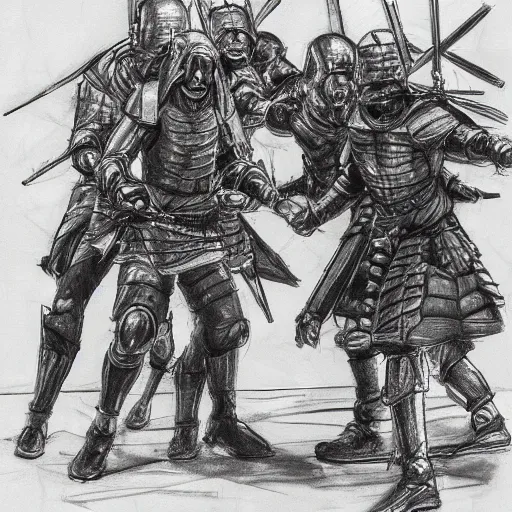 Image similar to highly detailed realistic sketch of The Hague members yelling at a cyborg samurai, fear and anger in their eyes, award winning , masterpiece on a scroll , post-processing