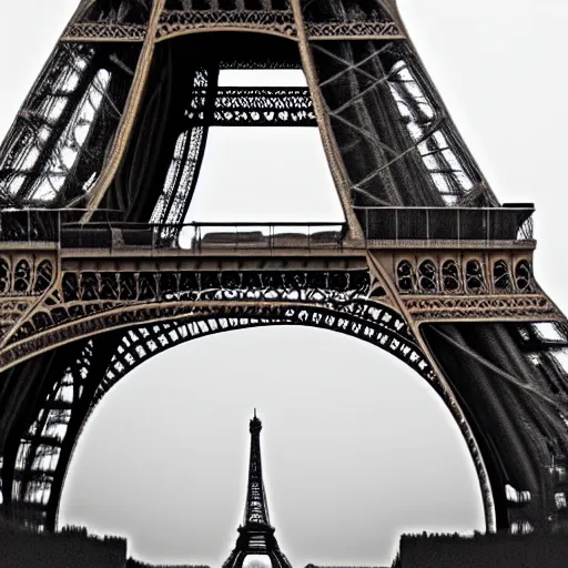 Prompt: a huge figure dehind the Eiffel tower, taken fron the ground, foggy weather, scary, dark, High resolution, creepy