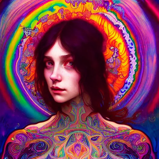 Image similar to A girl having an extremely colorful psychedelic experience, warping time and space, magic mushrooms, psilocybin, LSD, face, detailed, intricate, elegant, highly detailed, digital painting, artstation, concept art, smooth, sharp focus, illustration, art by Krenz Cushart and Artem Demura and alphonse mucha