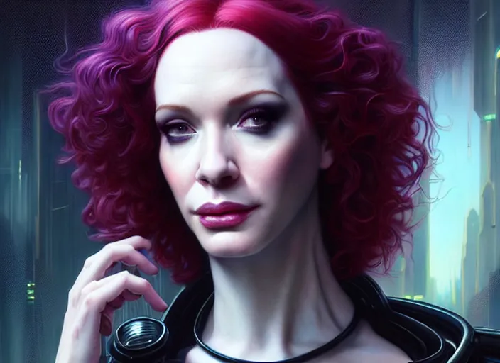 Image similar to portrait shot of a christina hendricks wearing cyberpunk clothing in cyberpunk 2 0 7 7, intricate, elegant, highly detailed, centered, digital painting, artstation, concept art, smooth, sharp focus, illustration, artgerm, tomasz alen kopera, peter mohrbacher, donato giancola, joseph christian leyendecker, wlop, boris vallejo