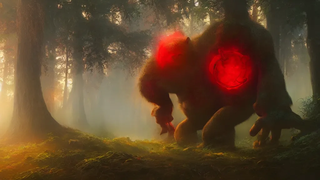 Prompt: An ogre holding a red glowing shield in a foggy Forrest, highly detailed oil painting, epic fantasy art, abstraction, masterpeice, 8k