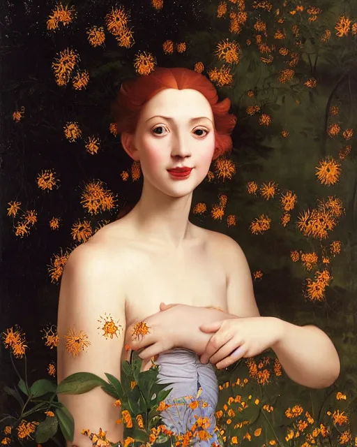 Prompt: a happy a young woman wearing a sophisticated dress, among the lights of golden fireflies and nature, long loose red hair, intricate details, green eyes, freckles on the nose, round gentle smiling face, golden ratio, high contrast, photorealistic digital art by artemisia lomi gentileschi and caravaggio and artgerm.