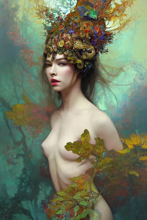 Prompt: a beautiful girl in intricate detailed color oilpaint, 3 d render, hyper realistic detailed portrait, big flocking color leaves, ornate leaves headpiece, elegant, intense colors, ruan jia, wlop. scifi, fantasy, hyper detailed, octane render, concept art, by peter mohrbacher, by alphonse mucha, by wlop, by ruan jia