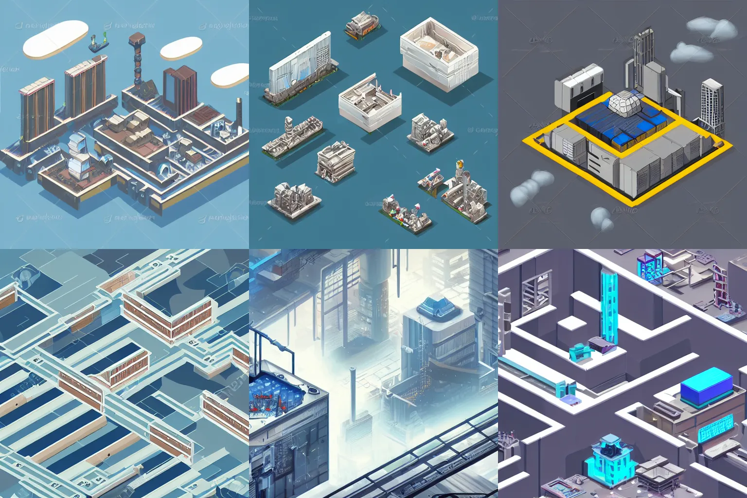 Prompt: isometric concept art of cyberpunk factory, browns and whites, mirror\'s edge, above the clouds