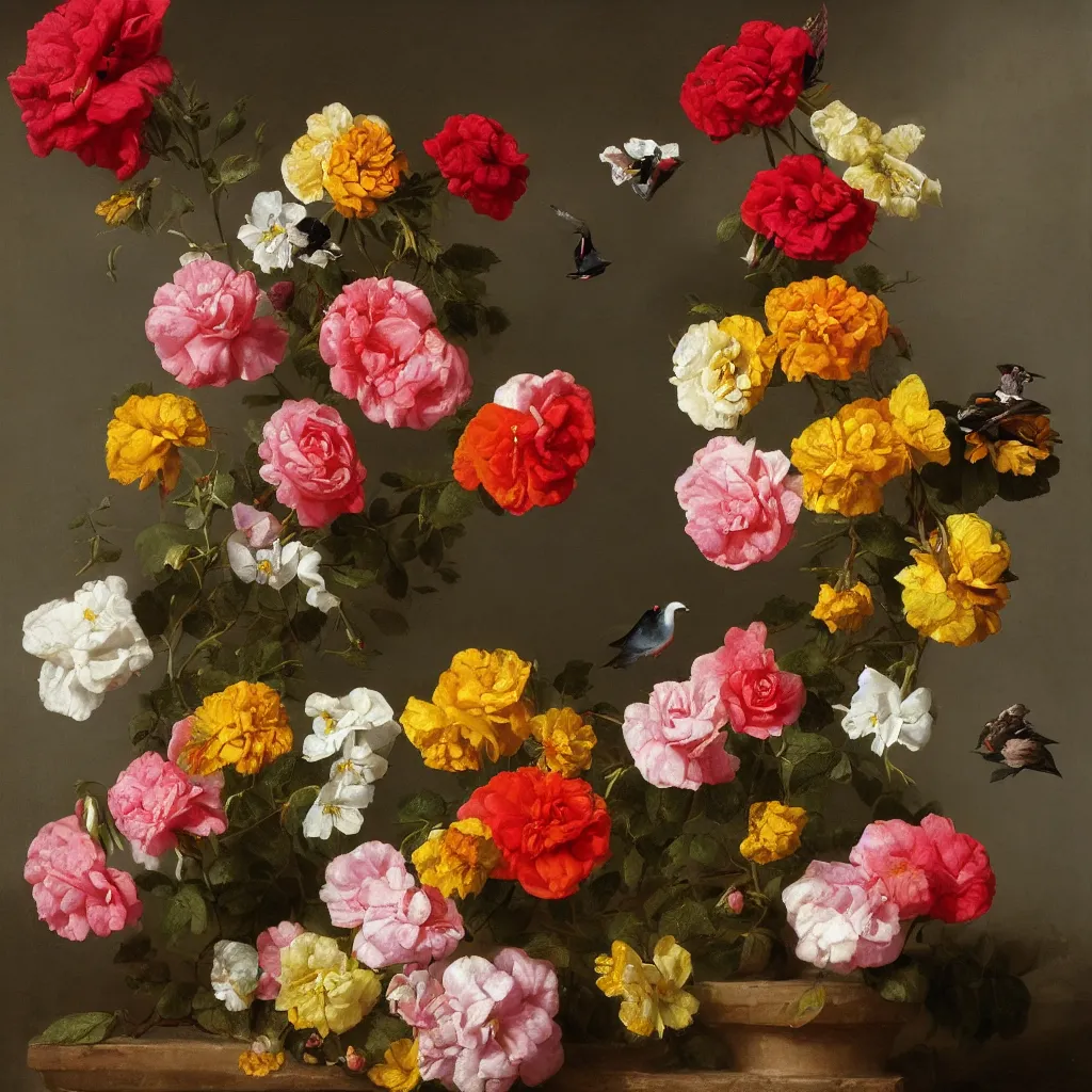 Image similar to a nosegay of roses, marigolds, larkspur and a pigeon by rachel ruysch, 1 6 9 5