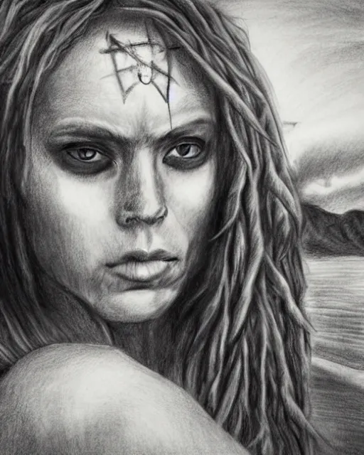 Image similar to A beautiful woman warrior, faded background of a pirate ship at a deserted island, realism pencil drawing on white paper, bald lines