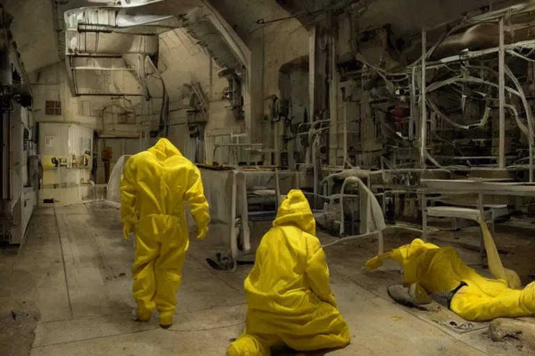 Prompt: a giant sci-fi horror meat monster in a creepy bunker science lab, a single man in a yellow hazmat suit looks on helplessly