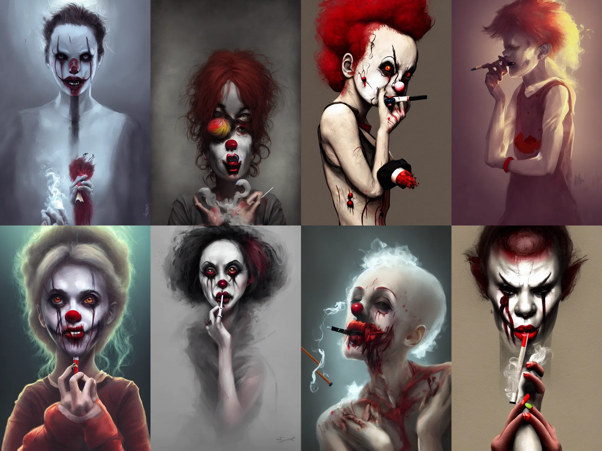 Prompt: horror creepy clown girl smoking a cigarette, highly detailed, digital painting, artstation, concept art, smooth, sharp focus, WLOP, dark atmosphere