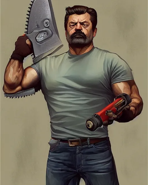 Prompt: gigachad ron swanson bodybuilder holding a chainsaw in final fight kitchen by ilya kuvshinov, ernest khalimov body by krista sudmalis, fantasy character portrait, ultra realistic, concept art, intricate details, elegent, digital painting, smooth, sharp focus, illustration, art by artgerm and greg rutkowski and alphonse mucha, artstation